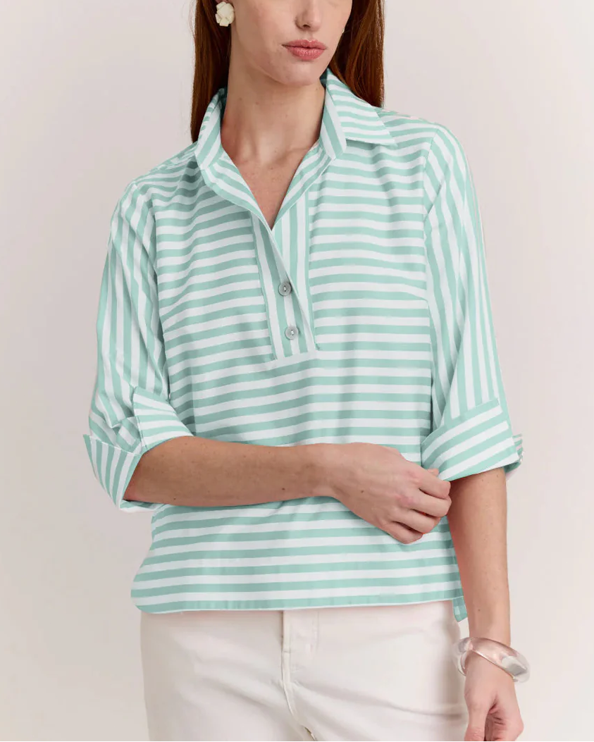 Gingham Back-Button Mixed-Pattern Blouse