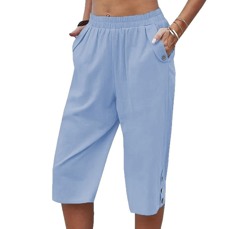 Comfortable Button Detail Cropped Pants
