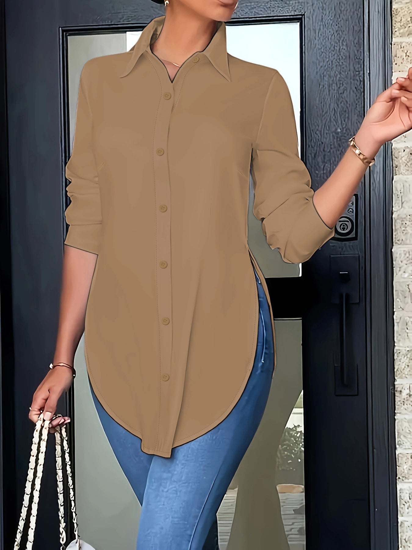 Side-Slit Longline Button-Down blouse