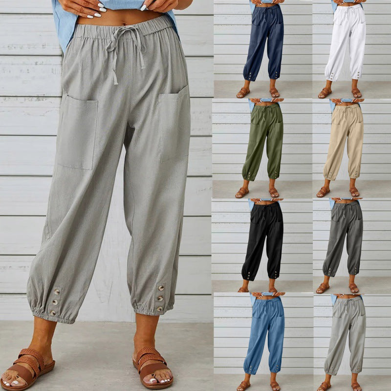Comfortable Button Hem Cropped Pants