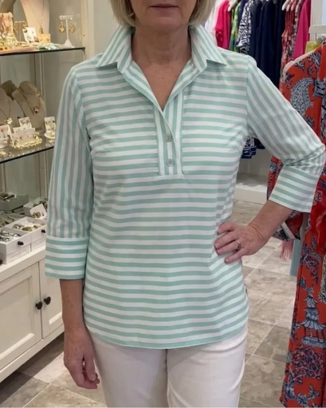 Gingham Back-Button Mixed-Pattern Blouse