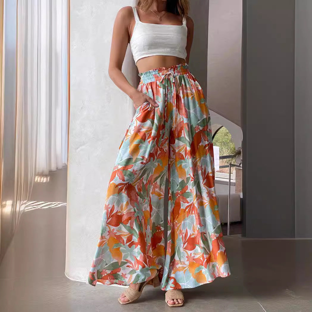 Boho Floral Print High-Waist Wide-Leg Pants